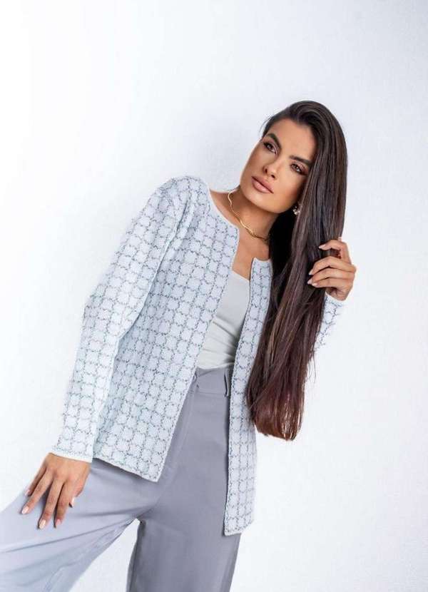 Pink Tricot - Casaco Cardigan Tweed Pink Tricot Mescla Geométrica Feminino Branco/Preto