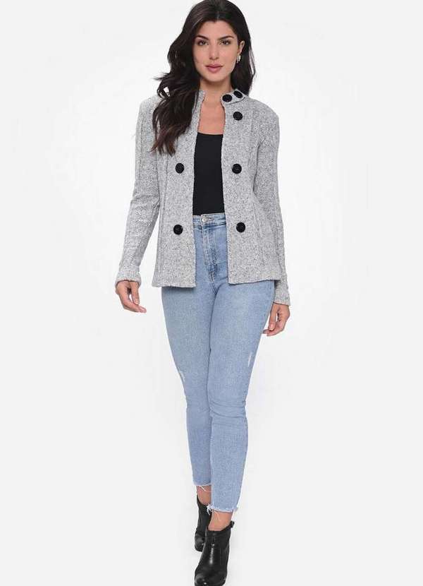 Pink Tricot - Casaco Casaqueto Pink Tricot Mousse com Botões Feminino Inverno Cinza