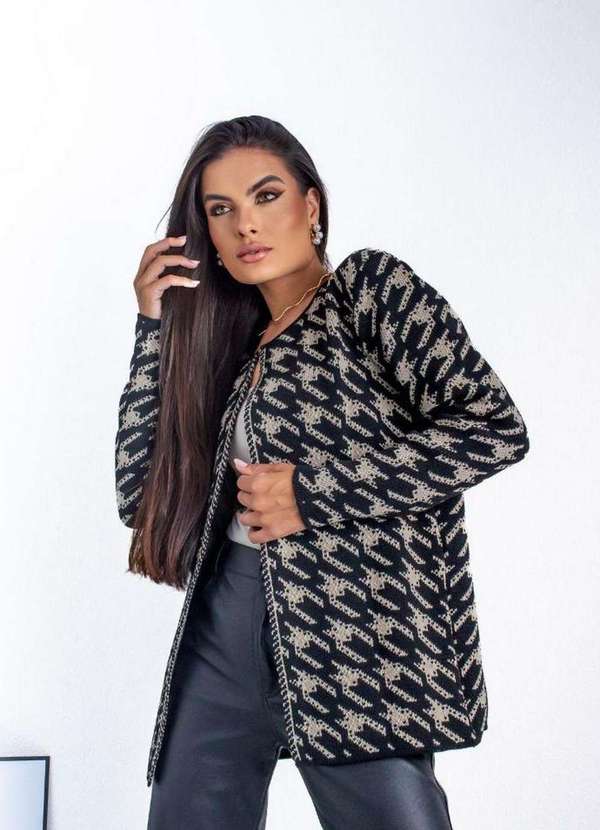Casaco Kimono Feminino Tweed de Tricot Estampa Pied Poule Preto