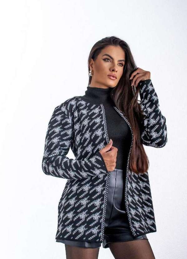 Pink Tricot Casaco Kimono Feminino Tweed de Tricot Estampa Pied Poule  Preto/Branco