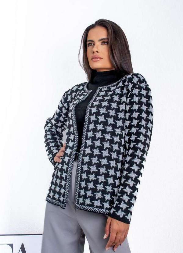Pink Tricot - Casaco Tweed Pink Tricot Vintage Estampa Pied de Poule Feminino Preto/Branco