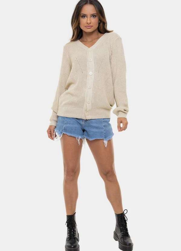 Pink Tricot - Tricô Casaco Cardigan Pink Tricot Manga Longa e Botões Feminino Bege