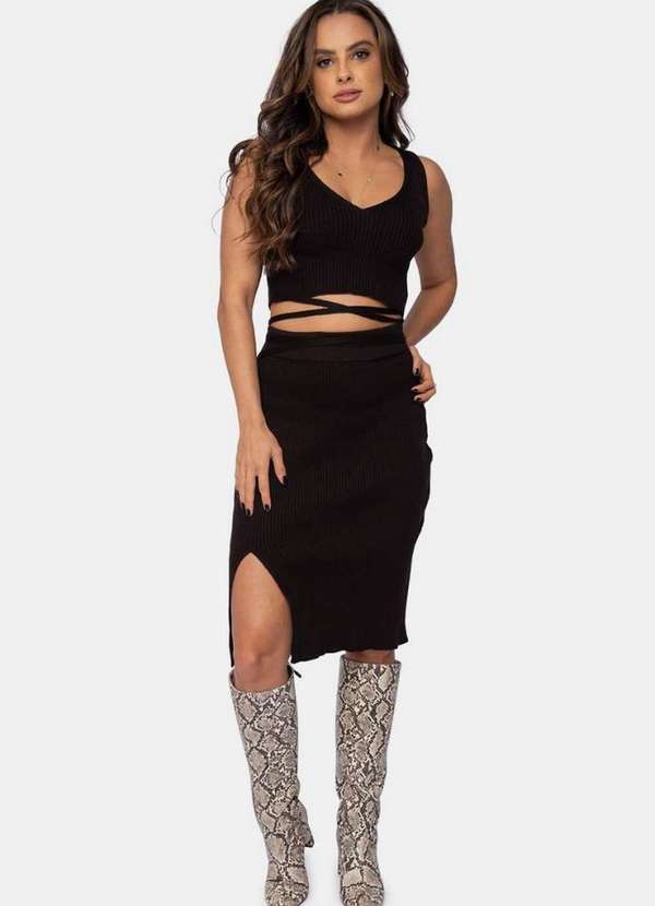 Pink Tricot - Conjunto Cropped e Saia Midi de Tricô Fenda Pink Tricot Feminino Preto
