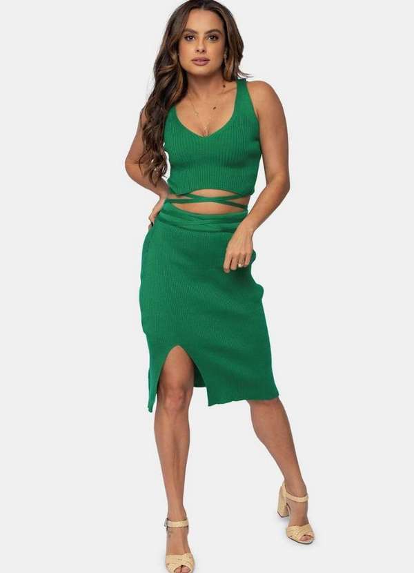 Pink Tricot - Conjunto Cropped e Saia Midi de Tricô Fenda Pink Tricot Feminino Verde