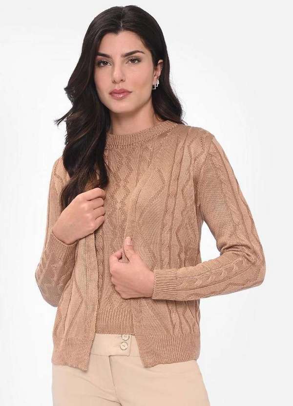 Pink Tricot - Conjunto Twin Sett Pink Tricot Blusa Manga Curta Casaco Feminino Caramelo