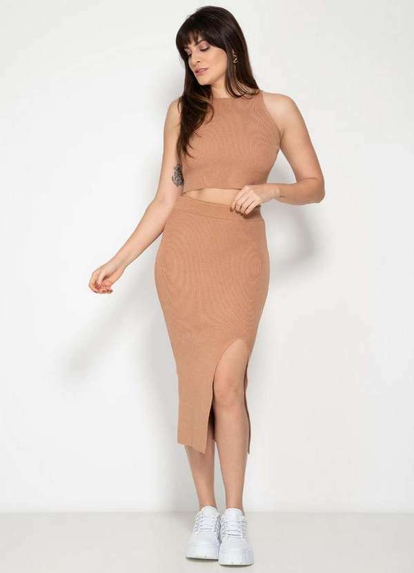 Pink Tricot - Tricô Conjunto Cropped Regata e Saia Fenda Pink Tricot Feminino Nude