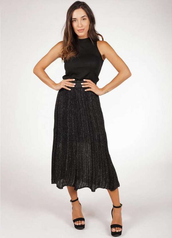 Pink Tricot - Saia Midi de Tricô Plissado com Lurex Pink Tricot Feminina Preto