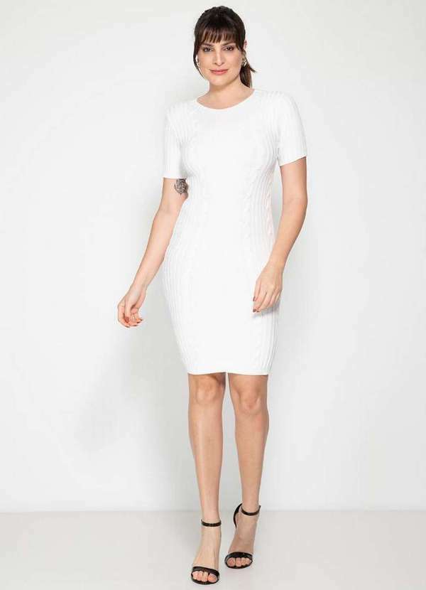 Pink Tricot - Tricô Vestido Curto Manga Curta Trançada Pink Tricot Feminino Branco