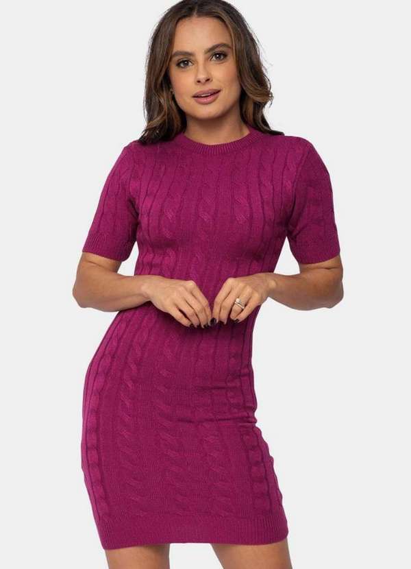 Pink Tricot - Tricô Vestido Curto Pink Tricot Modal Trança Manga Curta Feminino Violeta