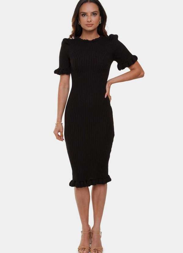 Pink Tricot - Tricô Vestido Midi Pink Tricot Canelado Manga Bufante Feminino Preto
