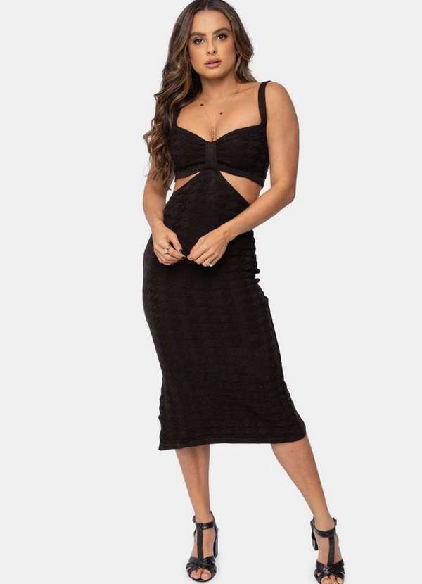 Pink Tricot - Tricô Vestido Midi Pink Tricot Malha Recorte na Cintura Feminino Preto