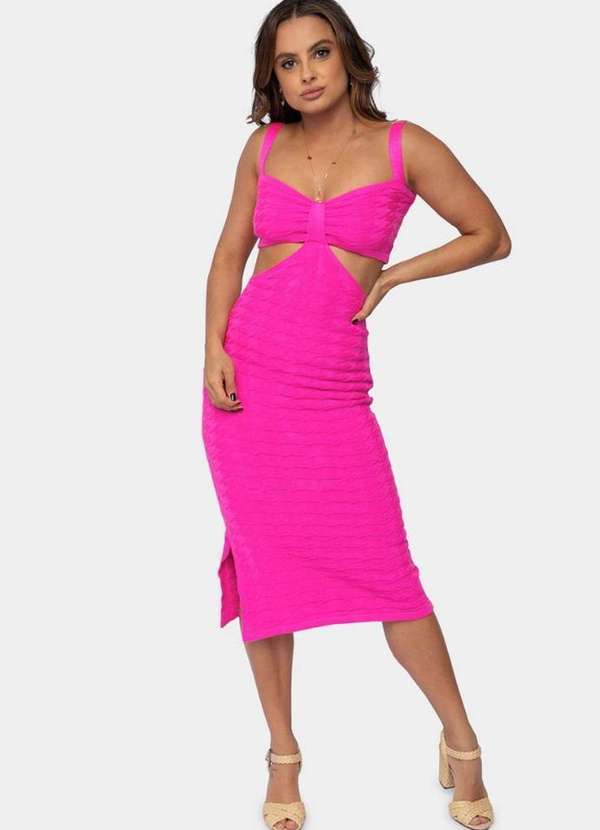 Pink Tricot - Tricô Vestido Midi Pink Tricot Malha Recorte na Cintura Feminino Rosa