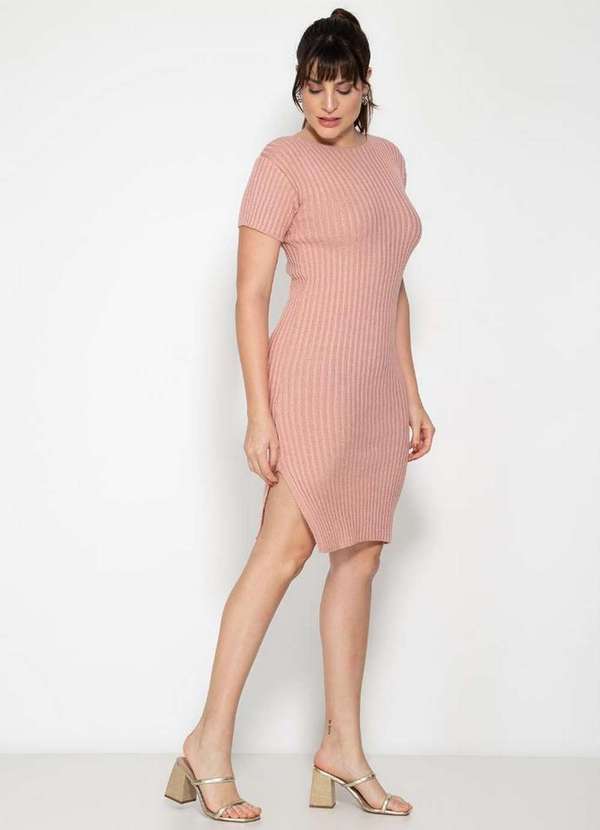 Pink Tricot - Vestido Curto de Tricô Modal Manga Curta Pink Tricot Feminino Rosê