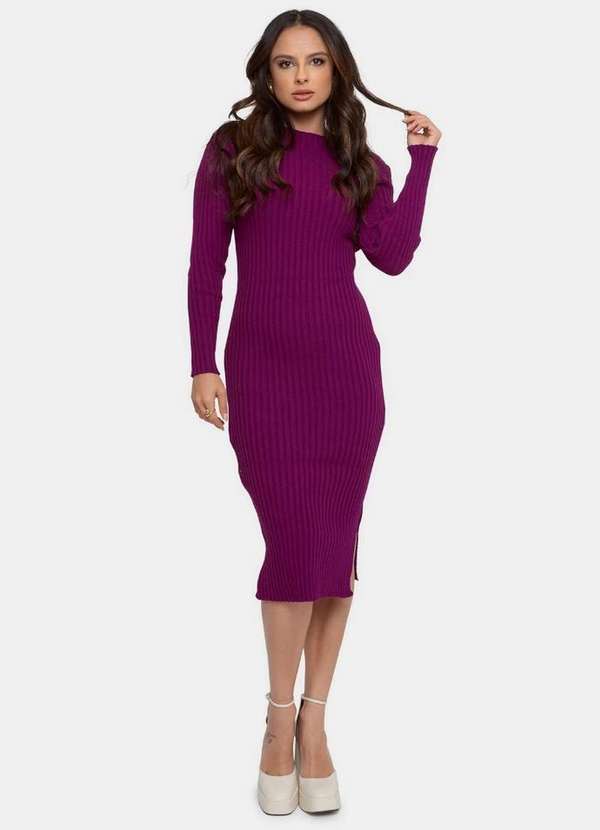 Vestido Curto de Tricô Pink Tricot Canelado Manga Longa Feminino