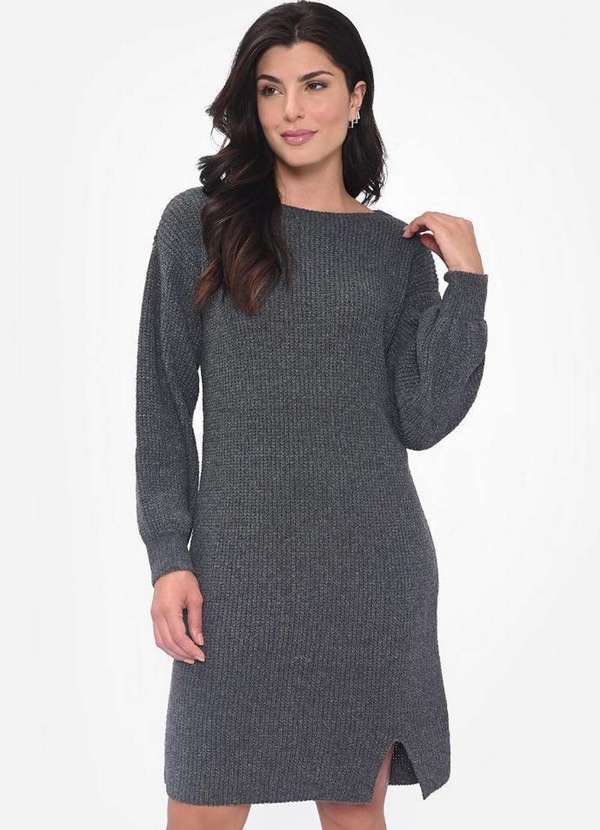 Pink Tricot - Vestido Curto Pink Tricot Manga Longa Bishop Oversized Feminino Grafite
