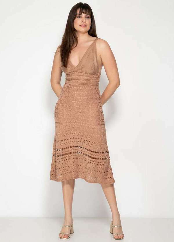 Pink Tricot - Vestido Festa Midi de Tricot Liso Rendado Pink Tricot Feminino Bege