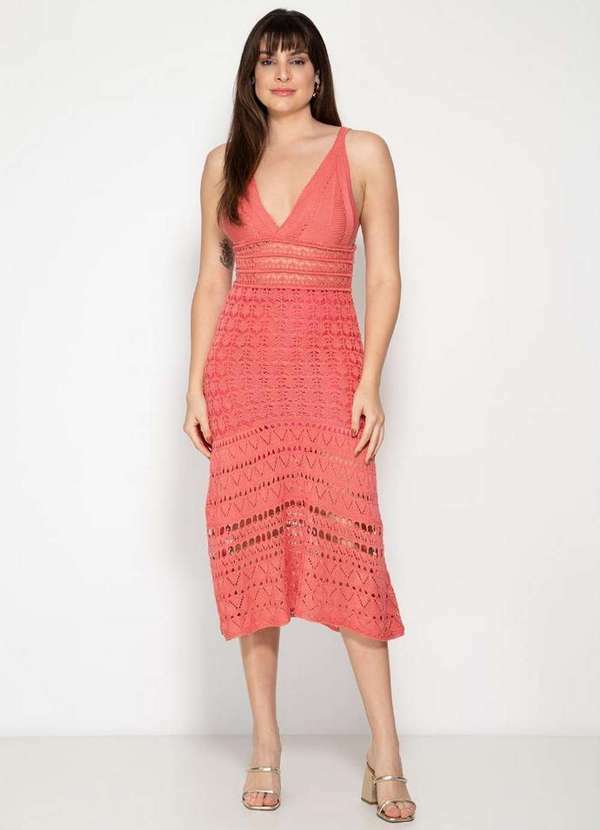Pink Tricot - Vestido Festa Midi de Tricot Liso Rendado Pink Tricot Feminino Salmão