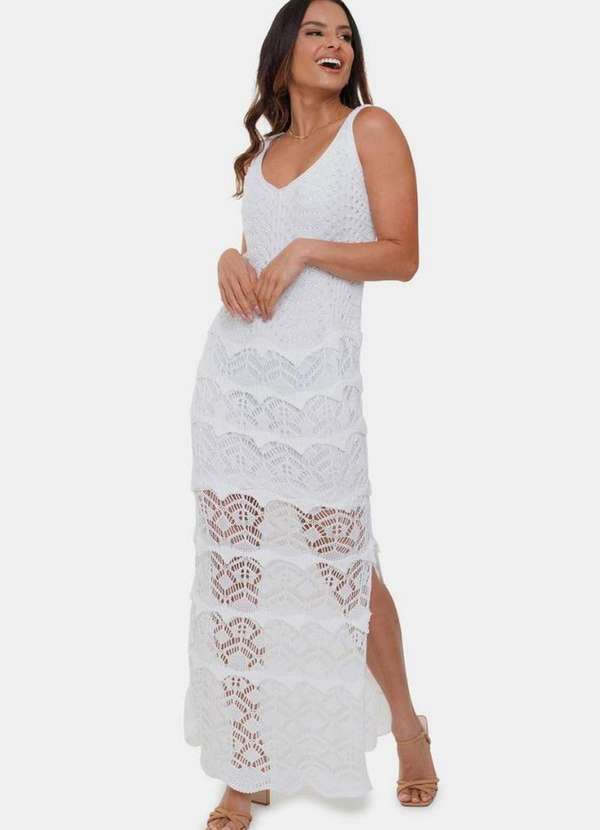 Pink Tricot - Vestido Longo Sereia de Tricô Franjas Pink Tricot Festa Feminino Branco
