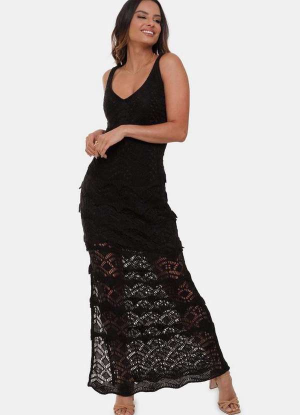 Pink Tricot - Vestido Longo Sereia de Tricô Franjas Pink Tricot Festa Feminino Preto