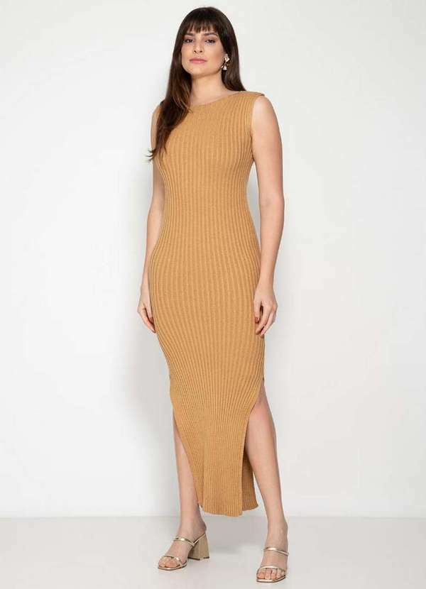 Pink Tricot - Vestido Longuete de Tricô Canelado e Fendas Pink Tricot Feminino Bege