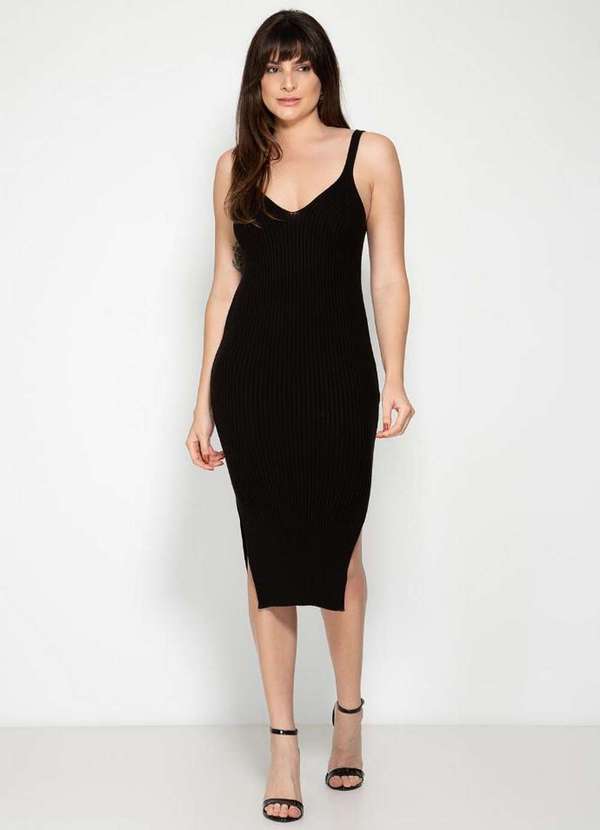 Pink Tricot - Vestido Midi Alça Tricô Canelado e Decote V Pink Tricot Feminino Preto