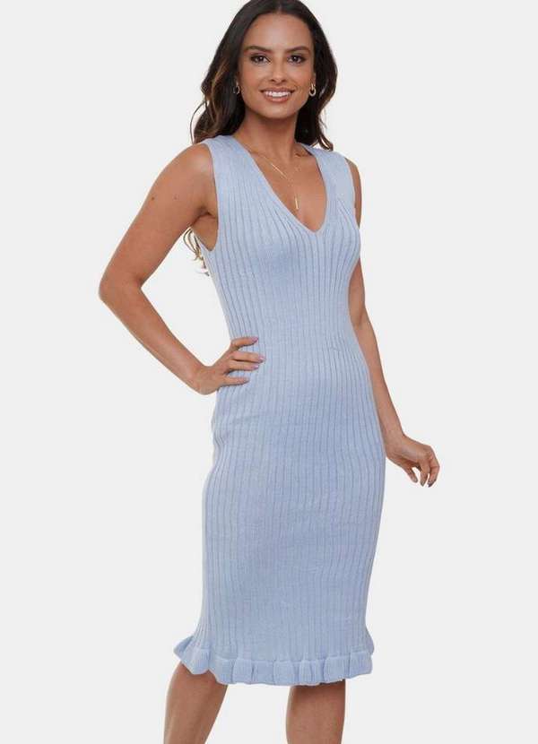 Pink Tricot - Vestido Midi de Tricô Canelado Pink Tricot Decote V Feminino Azul