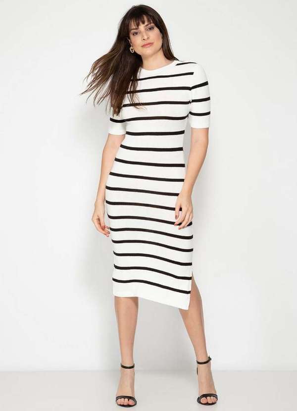 Pink Tricot - Vestido Midi de Tricô Manga Curta Listrado Pink Tricot Feminino Branco/Preto
