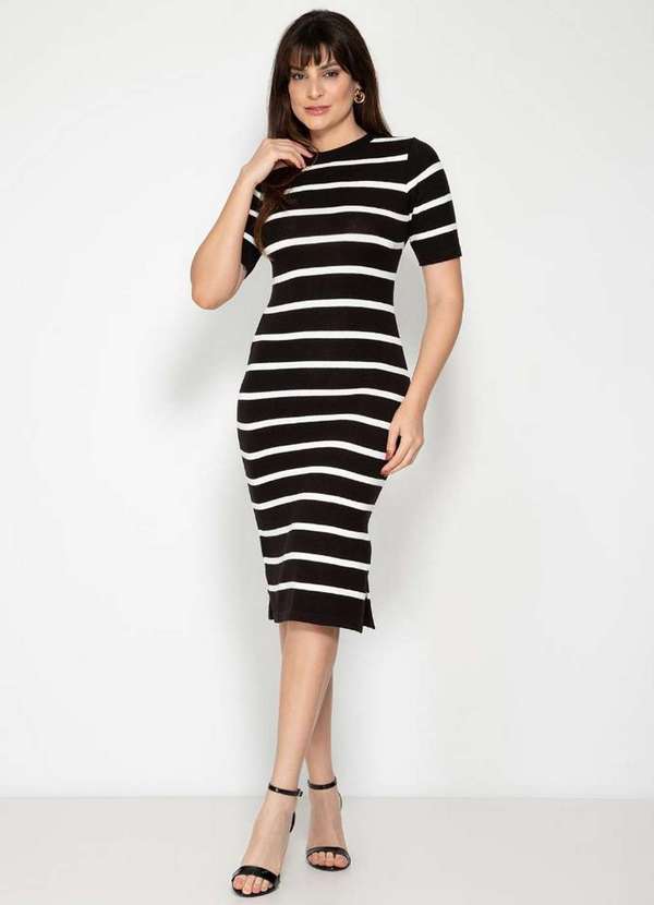 Vestido Midi Canelado Preto E Branco Vestido Midi Listrado Justo