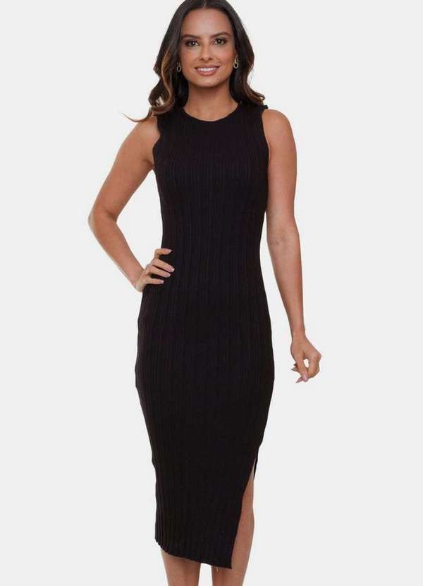 Pink Tricot - Vestido Midi de Tricô Modal Pink Tricot e Fenda Lateral Feminino Preto