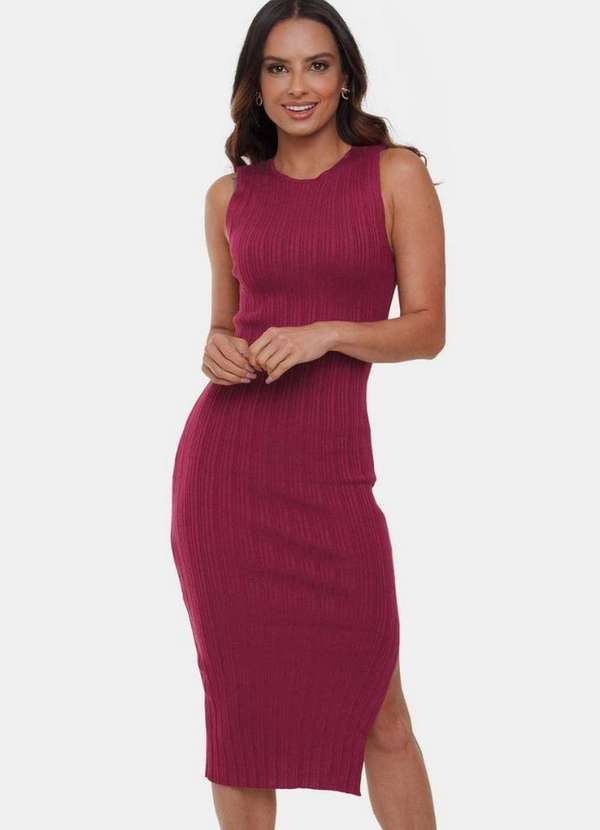 Pink Tricot - Vestido Midi de Tricô Modal Pink Tricot e Fenda Lateral Feminino Violeta