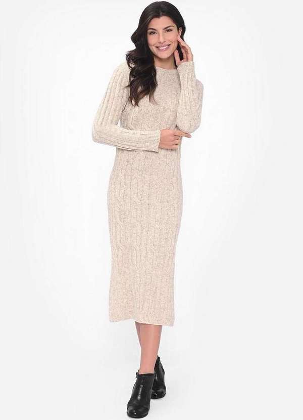 Pink Tricot - Vestido Midi Pink Tricot Mousse Trançado com Fenda Feminino Bege