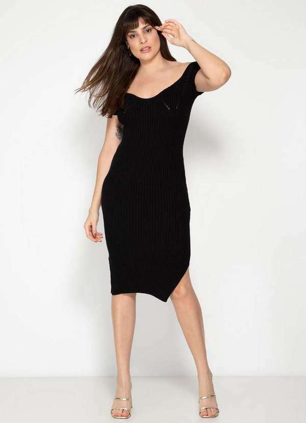 Pink Tricot - Vestido Ombro a Ombro Midi Tricô Fenda Pink Tricot Luxo Feminino Preto
