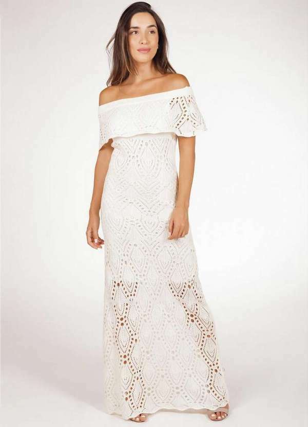 Pink Tricot - Vestido Pink Tricot Longo de Tricô Pala Ombro a Ombro Feminino Branco
