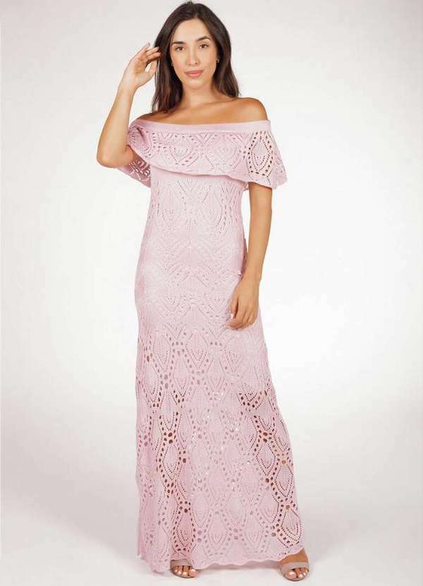 Pink Tricot - Vestido Pink Tricot Longo de Tricô Pala Ombro a Ombro Feminino Rosa