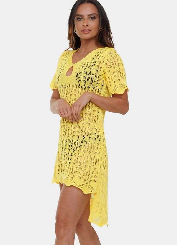 Pink Tricot - Saída de Praia Curta de Tricô Renda Pink Tricot Vestido Feminino Amarelo