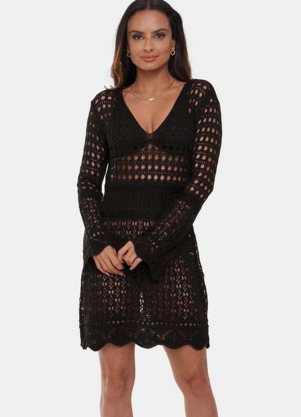 Pink Tricot - Tricô Saída de Praia Curta Pink Tricot Renda Manga Flare Feminino Preto