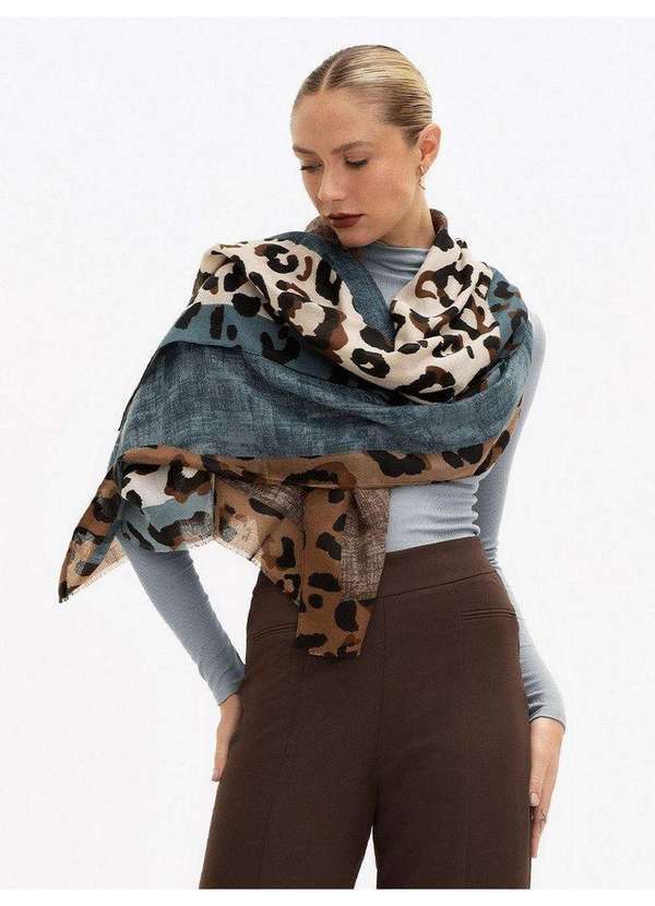 Principessa - Echarpe Animal Print Camel, Off White e Azul Alicia