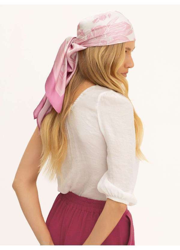 Principessa - Lenço Barrado Off White com Estampa Floral Rosa Livia