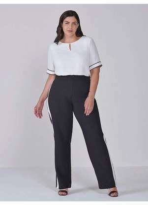Principessa - Blusa de Crepe Off White com Filete Plus Size Preto Ju - PRINCIPESSA