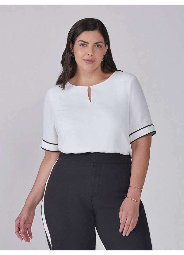 Principessa - Blusa de Crepe Off White com Filete Plus Size Preto Ju
