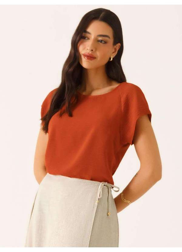 Principessa - Blusa Manga Curta Decote Redondo em Crepe Terracota Rosane