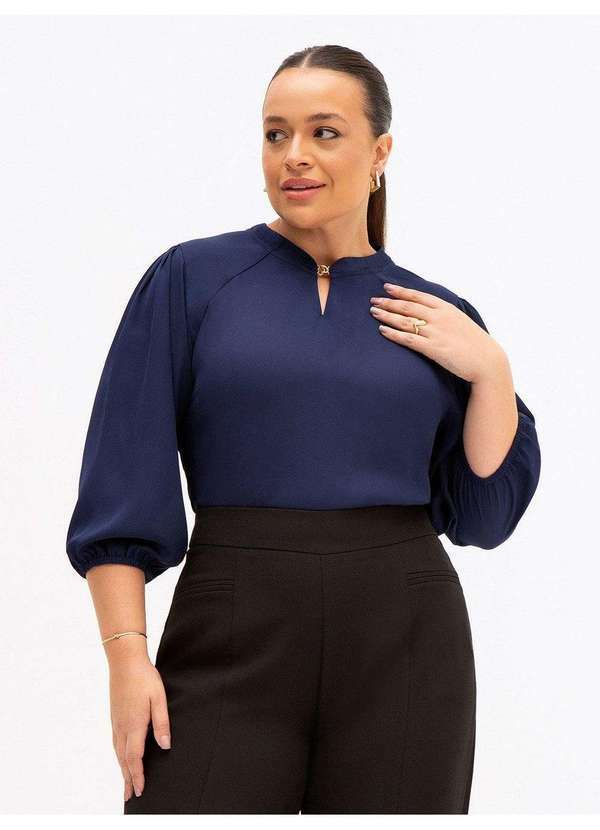 Principessa - Blusa Manga 7/8 em Crepe Plus Size Marinho Susi