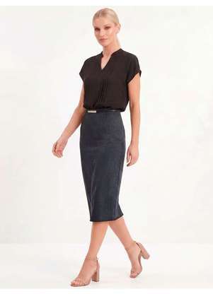 Principessa - Blusa Manga Curta com Pregas em Crepe Preto Neia - PRINCIPESSA