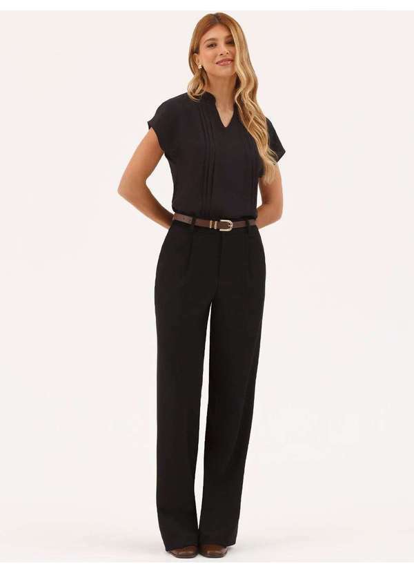 Principessa - Blusa Manga Curta com Pregas em Crepe Preto Neia
