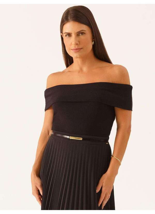 Principessa - Blusa Ombro a Ombro de Malha Canelada Preto Graciany