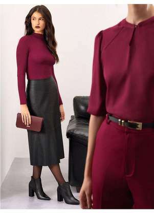 Principessa - Blusa Manga 7/8 em Crepe Vermelho Marsala Cirlane - PRINCIPESSA