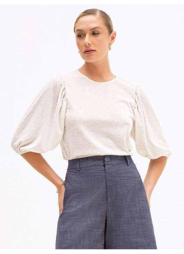 Principessa - Blusa Manga 7/8 em Malha com Linho Natural Yone