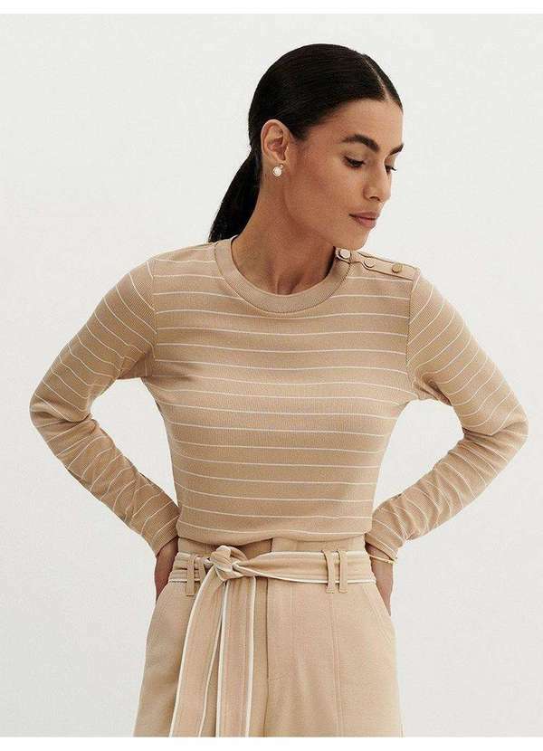 Principessa - Blusa Manga Longa em Malha Canelada Listrada Mocha Mousse Luana