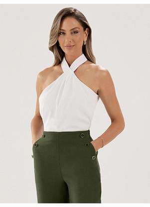 Principessa - Blusa Cava Americana de Gola Alta com Pregas Off White Lisa - PRINCIPESSA