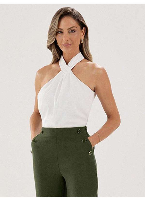 Principessa - Blusa Cava Americana de Gola Alta com Pregas Off White Lisa